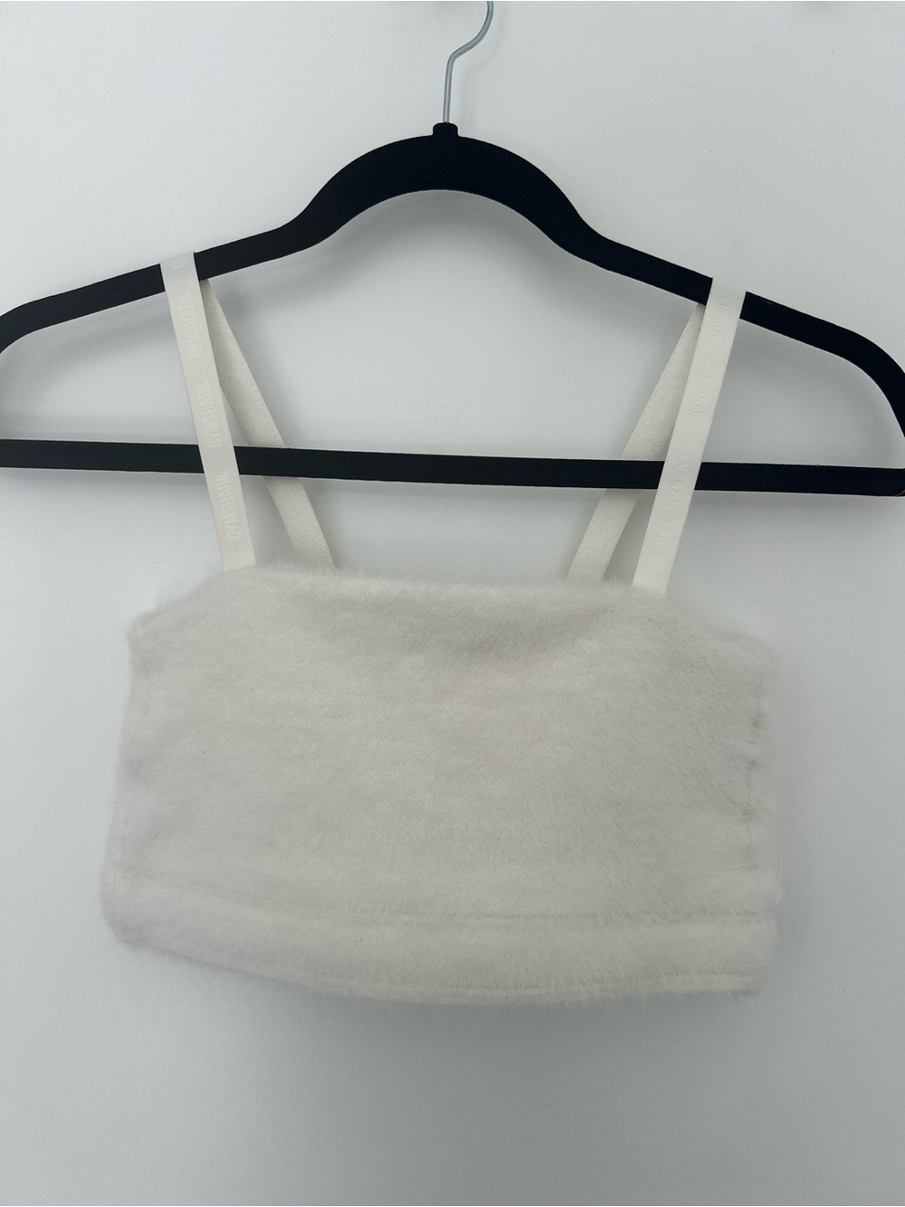 GYMSHARK X WHITNEY SIMMONS WHITE EYELASH KNIT BANDEAU, SIZE XS
